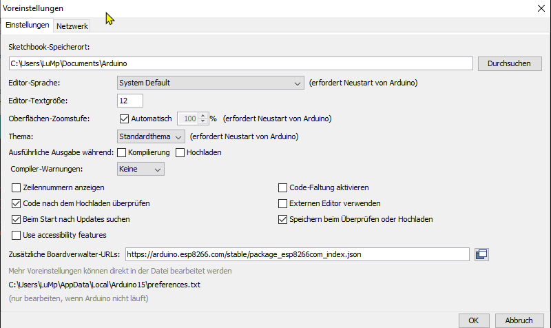 Arduino Voreinstellungen